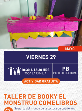 Cartel informativo mostrando un monstruo hecho con una caja y papel de colores simulando sus dientes, ojos y antenas