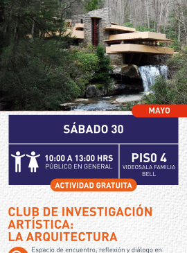 Cartel informativo mostrando una casa de piedra moderna construida sobre una cascada y un rio