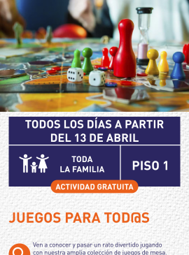 Cartel informativo mostrando una mesa llena de figuras y piezas de varios juegos