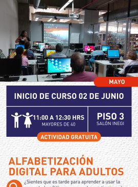 Cartel informativo mostrando a varias personas usando computadoras 
