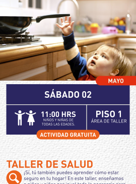 Cartel informativo mostrando un niño tratando de alcanzar un sartén que esta en la cocina