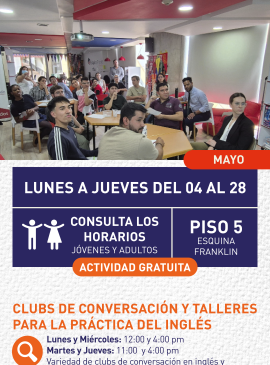 Cartel informativo mostrando a varias personas sentadas en muchas mesas dentro de un salón de clases