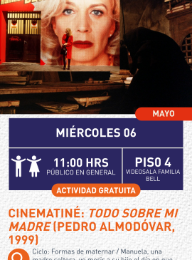 Cartel informativo mostrando una persona sobre un escenario realizando una obra