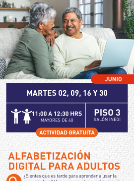 Cartel informativo mostrando una pareja de adultos mayores sentados en su sala, riendo.