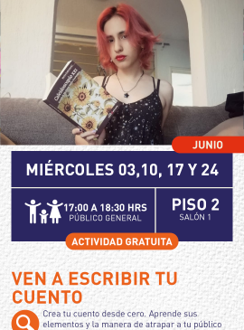 Cartel informativo mostrando a una chica de cabello rosa, sosteniendo un libro