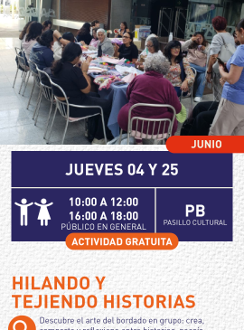 Cartel informativo mostrando a varias personas sentadas en una mesa grande haciendo trabajos de bordado
