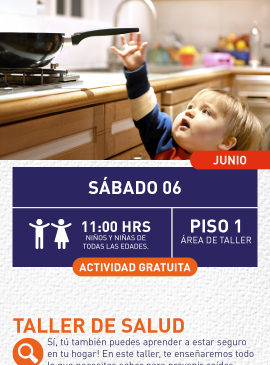 Cartel informativo mostrando un niño tratando de alcanzar un sartén que esta en la cocina