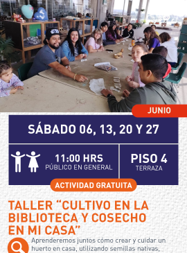Cartel informativo mostrando a varias personas sentadas en una mesa grande en la terraza de la biblioteca