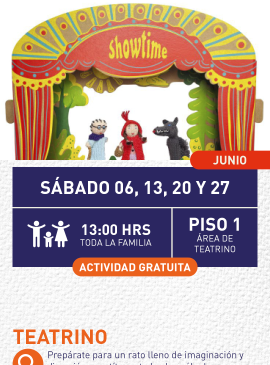Cartel informativo mostrando un escenario donde hay 3 marionetas, las cuales son personajes del cuento de caperucita roja