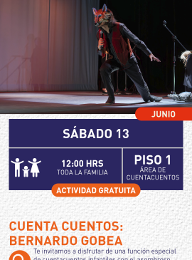 Cartel informativo mostrando una persona en un escenario usando una mascara de lobo roja