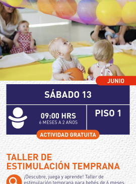 Cartel informativo mostrando a varios bebés en una guardería jugando con pelotas. 