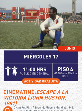 Cartel informativo mostrando un jugador de futbol, sentado en el césped de su cancha de juego