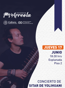 Cartel informativo mostrando el poster del artista tocando su instrumento