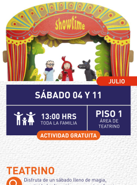 Cartel informativo mostrando un escenario donde hay 3 marionetas, las cuales son personajes del cuento de caperucita roja