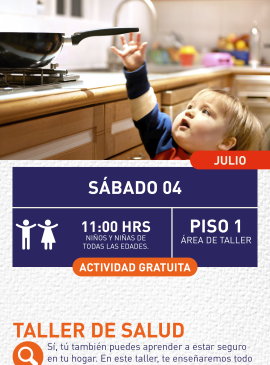 Cartel informativo mostrando un niño tratando de alcanzar un sartén que esta en la cocina