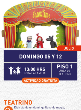Cartel informativo mostrando un escenario donde hay 3 marionetas, las cuales son personajes del cuento de caperucita roja