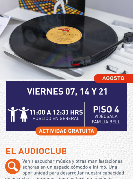 Cartel informativo mostrando un disco de vinilo siendo reproducido