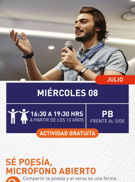 Cartel informativo mostrando una persona hablando por micrófono 