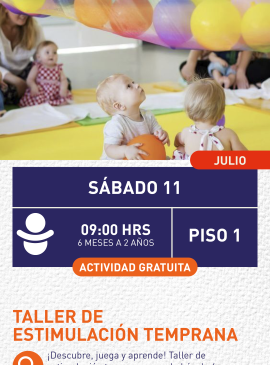 Cartel informativo mostrando varios bebés sentados en una guardería 