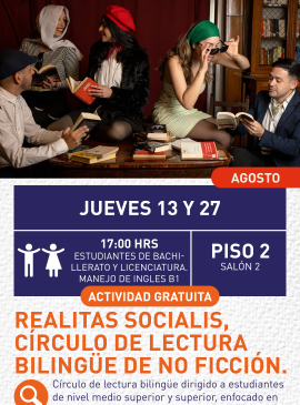 Cartel informativo mostrando a varias personas leyendo muchos libros