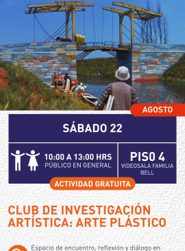 Cartel informativo mostrando un puente hecho de ladrillos coloridos mientras varias personas lo observan desde lejos