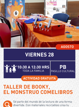 Cartel informativo mostrando una caja de cartón que tiene forma y color de Booky, la mascota de la biblioteca