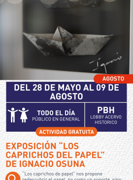 Cartel informativo mostrando un barco de papel pegado en un cuadro en la pared