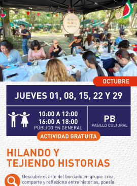 Cartel informativo mostrando a varias personas sentadas en una mesa grande haciendo trabajos de bordado