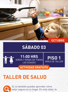 Cartel informativo mostrando un niño tratando de alcanzar un sartén que esta en la cocina