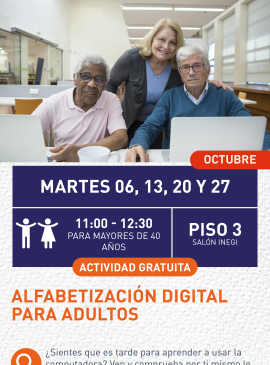 Cartel informativo mostrando a tres adultos mayores usando computadoras portátiles 