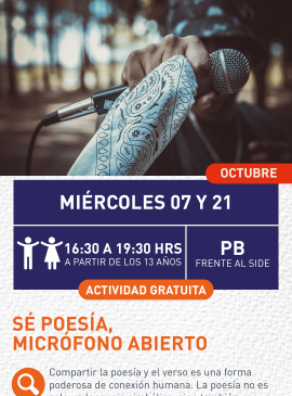 Cartel informativo mostrando una mano sosteniendo un micrófono y un pañuelo