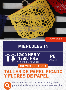 Cartel informativo mostrando una hoja de papel de china decorado con temática del día de muertos 
