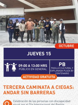 Cartel informativo mostrando un grupo de personas posando para la foto, mientras todos usan "cubreojos"
