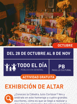 Cartel informativo mostrando un altar del día de muertos 