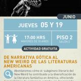 Cartel informativo mostrando a un par de esqueletos alados, sosteniendo uno al otro.