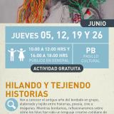 Cartel informativo mostrando un par de mujeres, una de ellas tiene hilo de bordar en lugar de cabello y la otra es adornada con flores de igualmente hilo de bordar.