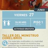Cartel informativo mostrando un monstruo comelibros hecho con una caja y demas manualidades