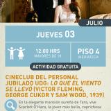 Cartel informativo mostrando una pareja de personas, vistiendo ropa elegante en lo que parece ser una habitacion decorada del mismo tema elegante.