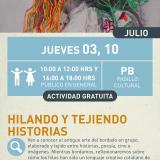 Cartel informativo mostrando un par de mujeres, una de ellas tiene hilo de bordar en lugar de cabello y la otra es adornada con flores de igualmente hilo de bordar.