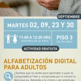Cartel informativo mostrando las manos de una persona mayor sosteniendo lo que parece ser un celular 
