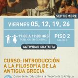 Cartel informativo mostrando a un filosofo de la antigua Grecia