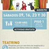 Cartel informativo mostrando a tres marionetas del cuento de "Caperuzita roja"
