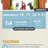 Cartel informativo mostrando a tres marionetas del cuento de "Caperuzita roja"