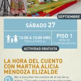 Cartel informativo mostrando mostrando a Alicia mientra esta recitando un cuento, junto a ella se encuentra una pila de libros