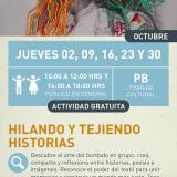 Cartel informativo mostrando un par de mujeres, una de ellas tiene hilo de bordar en lugar de cabello y la otra es adornada con flores de igualmente hilo de bordar.