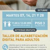 Cartel informativo mostrando las manos de una persona mayor sosteniendo un celular