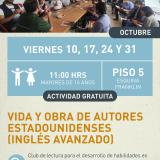 Cartel informativo mostrando a un grupo de personas sentadas haciendo lo que parece ser una charla
