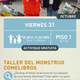 Cartel informativo mostrando al mosntruo comelibros junto a la cuenta cuentos Doris