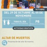 Cartel informativo mostrando una catrina posando para una fotografia detras de un altar de muertos