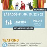 Cartel informativo mostrando a tres marionetas del cuento de "Caperuzita roja"